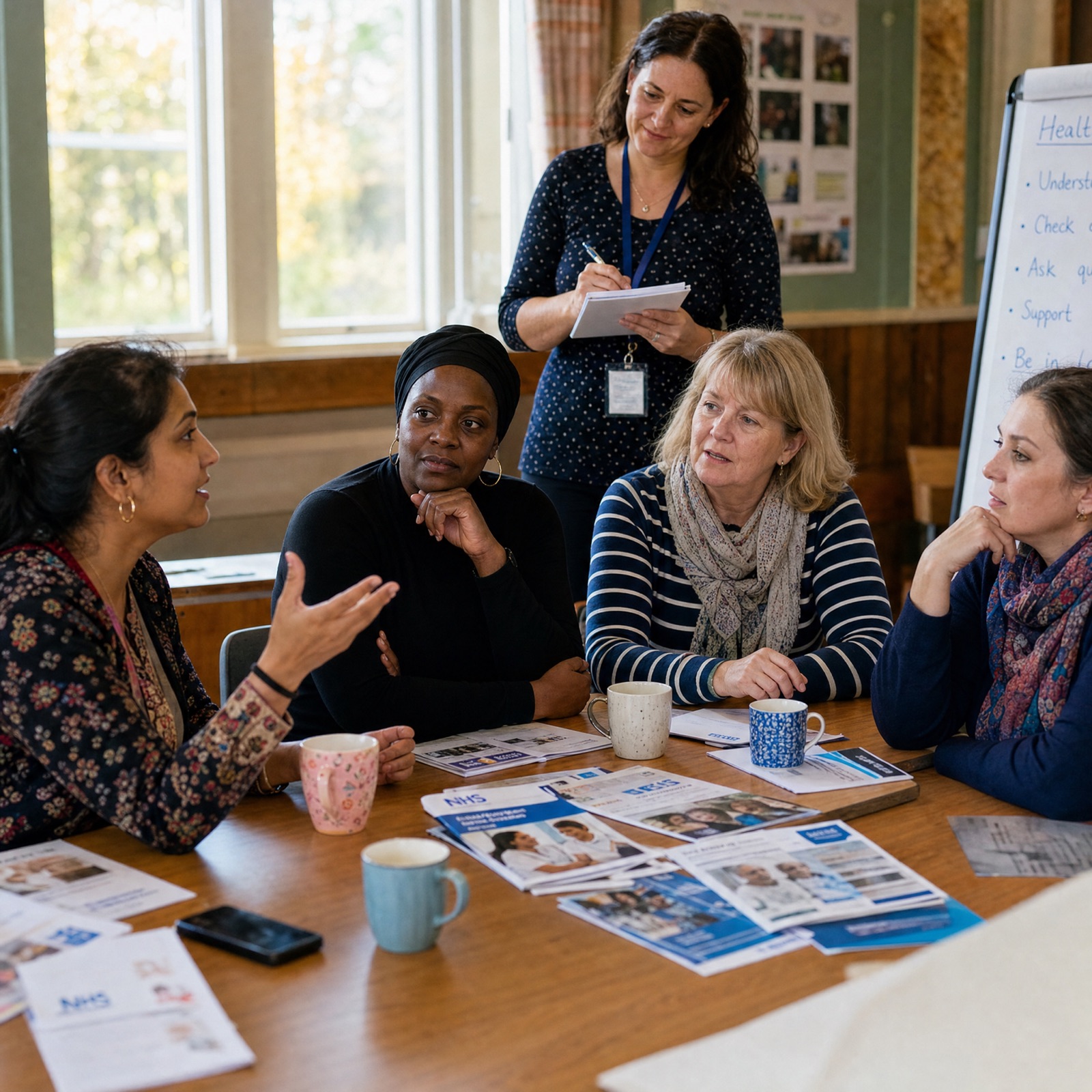 Community health session — women of different backgrounds gathered around a table with NHS information leaflets and cups of tea